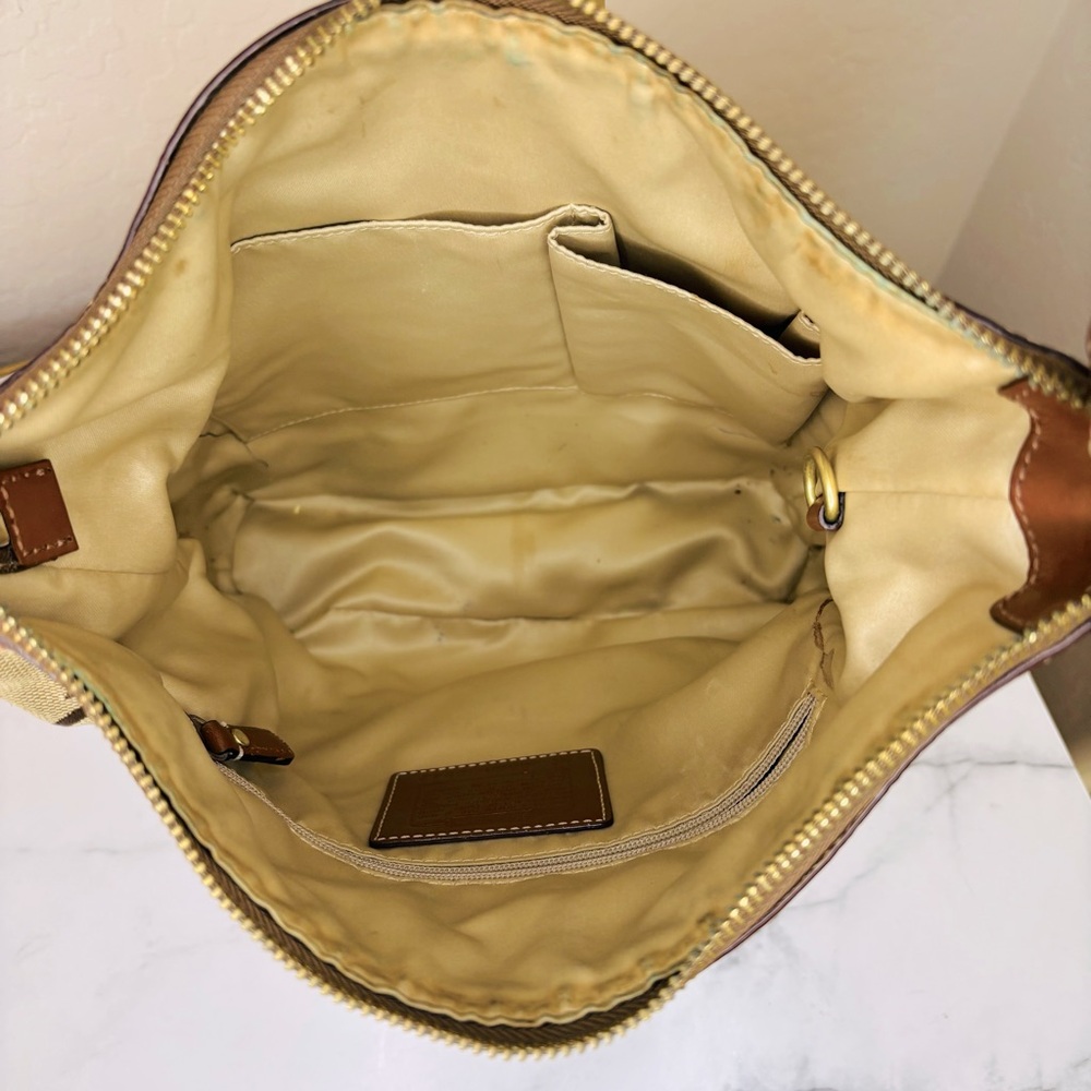Coach Brown Leather Signature C Hampton Canvas Stripe Shoulder Bag Handbag 10542 - Picture 9 of 11